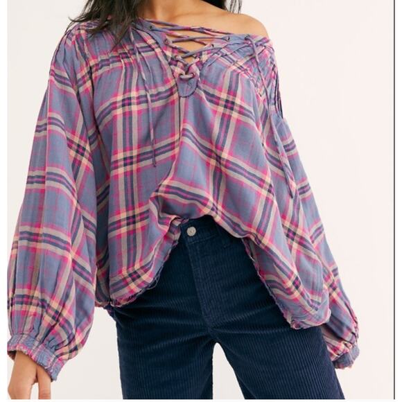 FREE PEOPLE | We The Free Cloud Breaker Purple Plaid Lace Up Boho Blouse | Small - Picture 1 of 9